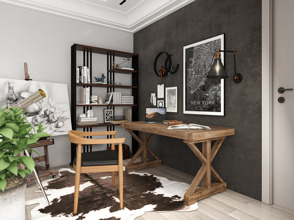 Rustic Farmhouse Wooden Office Desk, Natural With Trestle