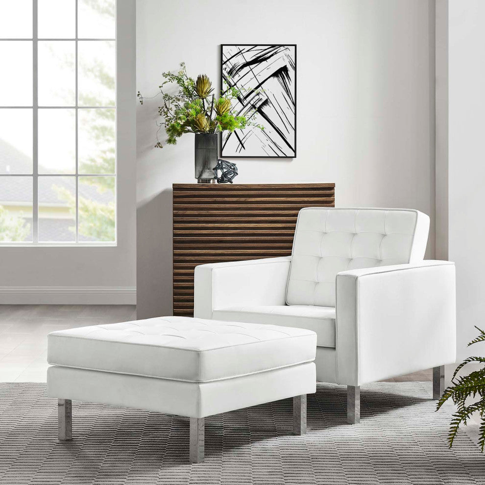 Loft Tufted Vegan Leather Armchair and Ottoman Set, Silver White