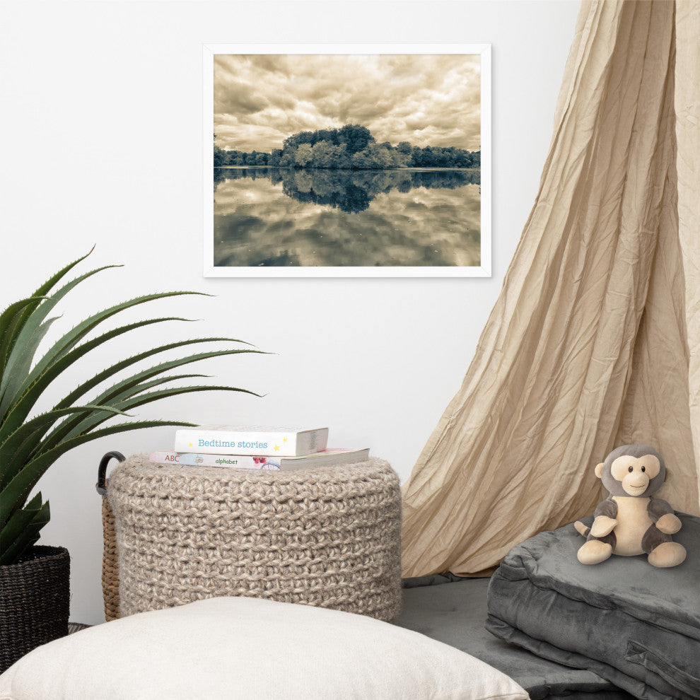 Autumn Reflections Rural Landscape Sepia Framed Photo Paper Wall Art Prints, White, 16" X 20"