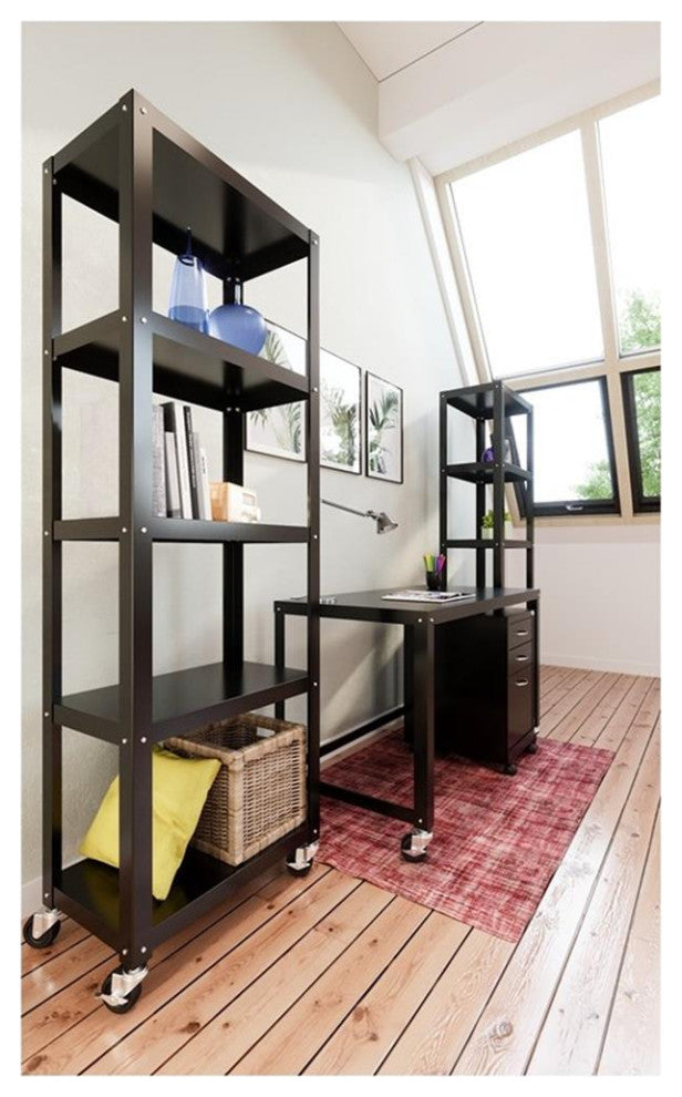 Pemberly Row 5-Shelf Steel Metal High Mobile Bookcase in Black