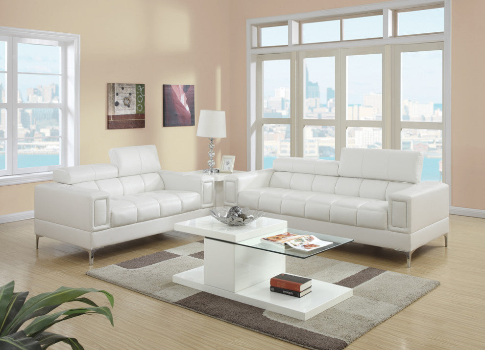 Benzara BM167239 Leather 2 Piece Sofa Set With Foldable Headrests, White
