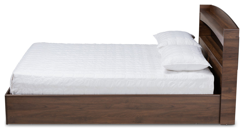 Rosslan Walnut Finish Mid Century Platform Bed With Storage Headboard, Queen