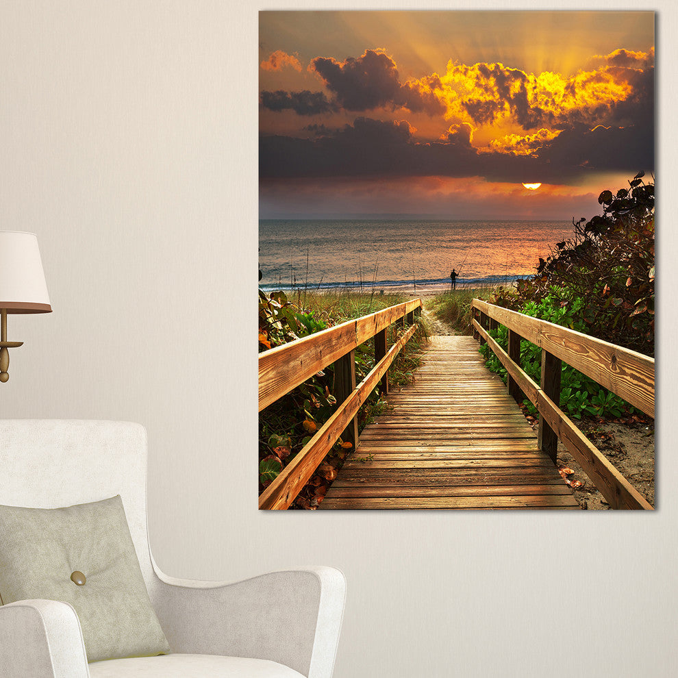 "Long Wooden Stairs Into The Sea" Large Sea Bridge Canvas Print, 20"x40"