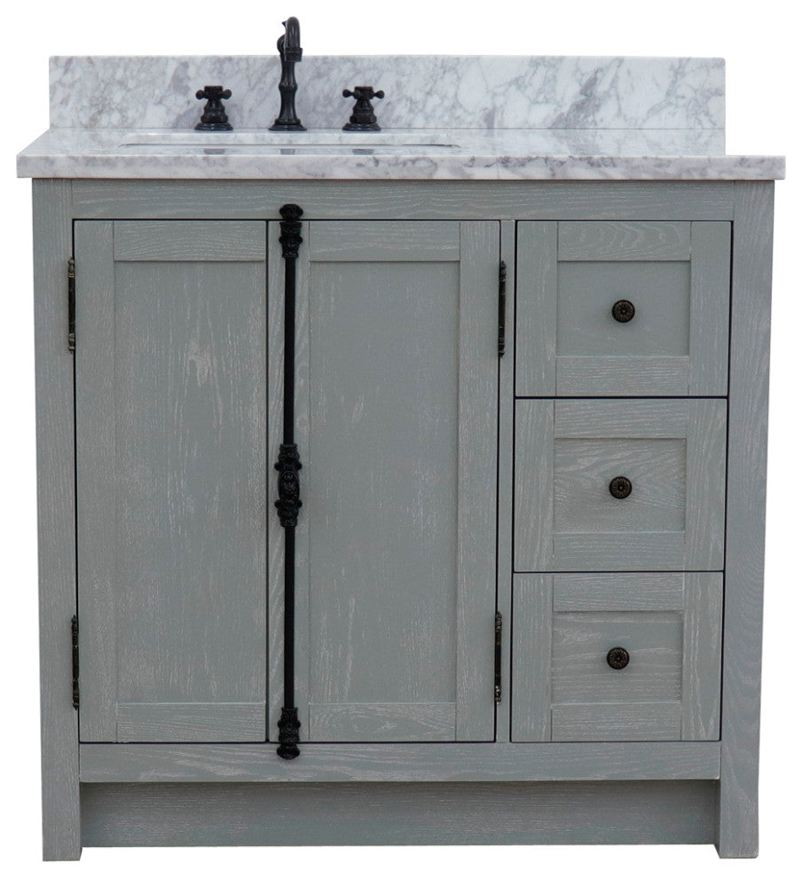 37" Vanity, Gray Ash With White Carrara Top, Left Doors/Left Rectangle Sink