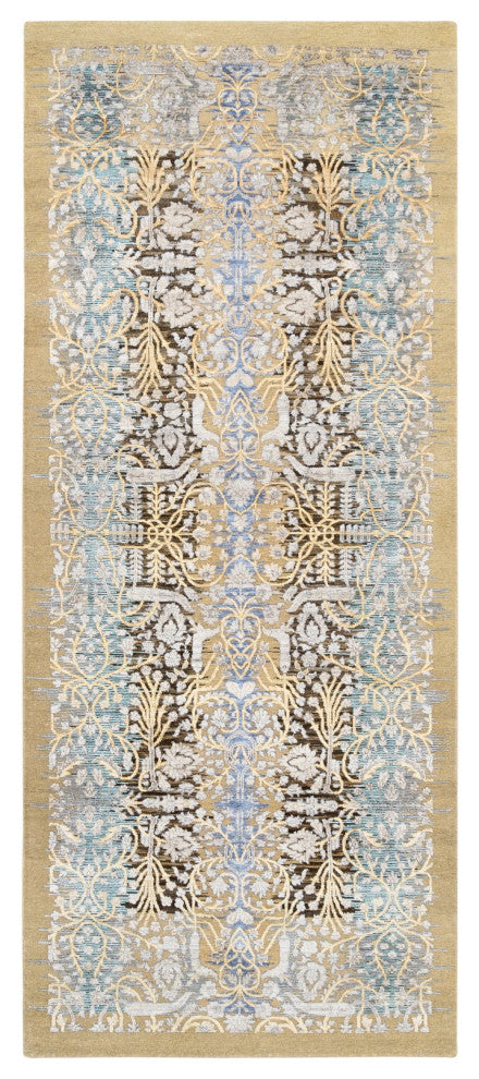 Honey Brown Hand Knotted Silk With Textured Wool Wide Runner Rug 4'2" x 10'0"