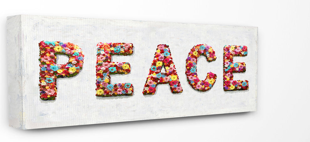 Peace Floral Bush Shapes Lettered Painted Typography Stretched Canvas, 10"x24"