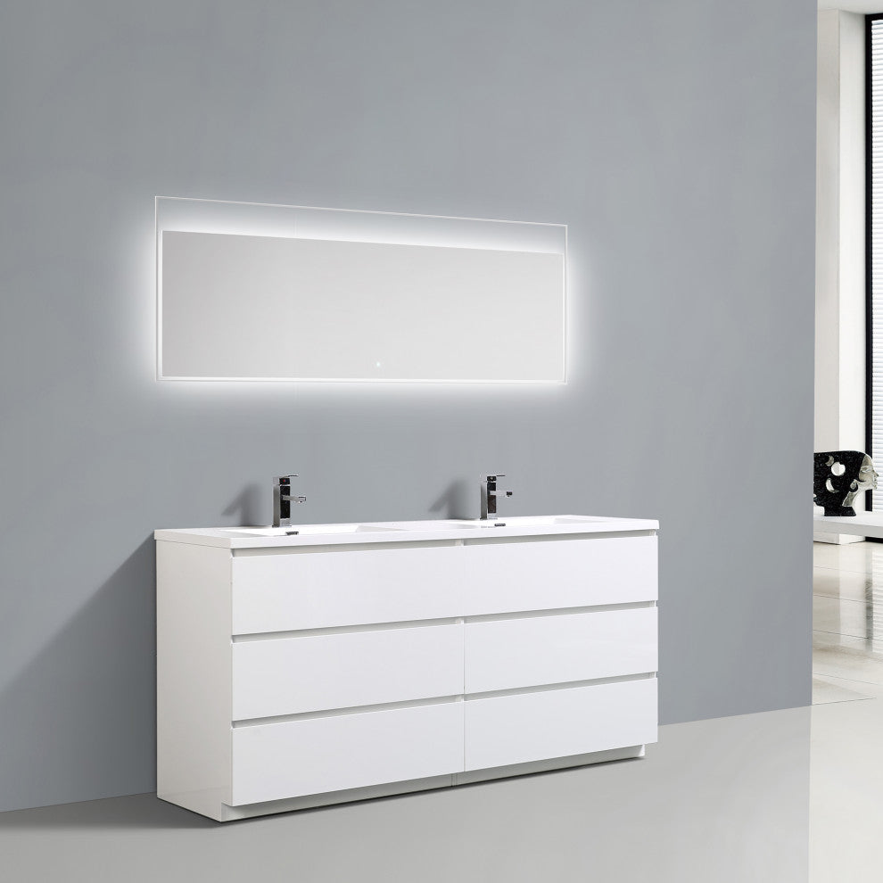 Freestanding Bath Vanity with White Cultured Marble Top, Hg White, 70" X 20"