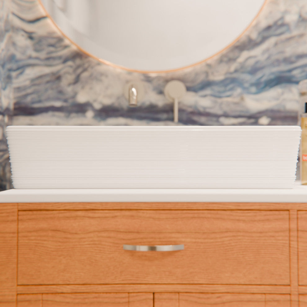 NP-208513 Rectangular Porcelain Sink w/ Grooved Exterior, Drain Option, Brushed Nickel