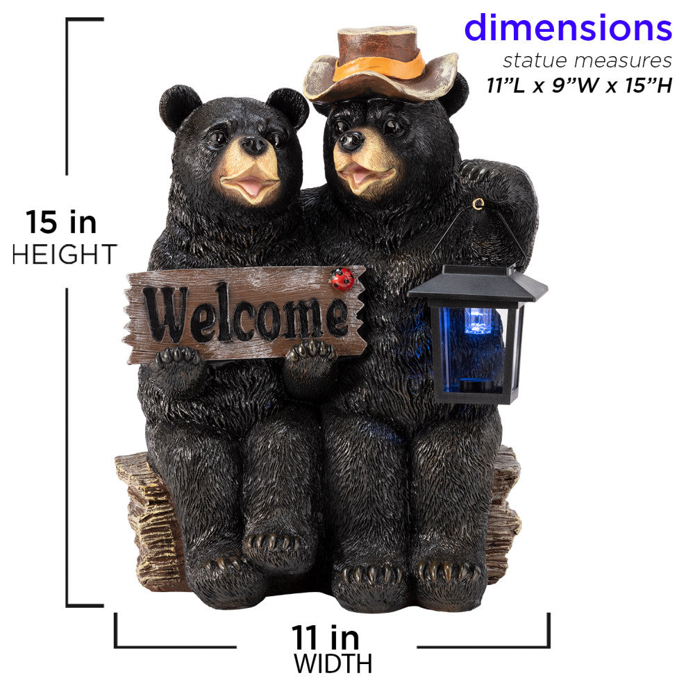 15" Tall Outdoor Bear Couple with Lantern and Welcome Sign Statue with Solar LED