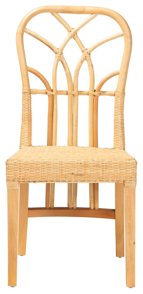 Modern Bohemian Oak Brown Finished Wood Natural Rattan Dining Chair