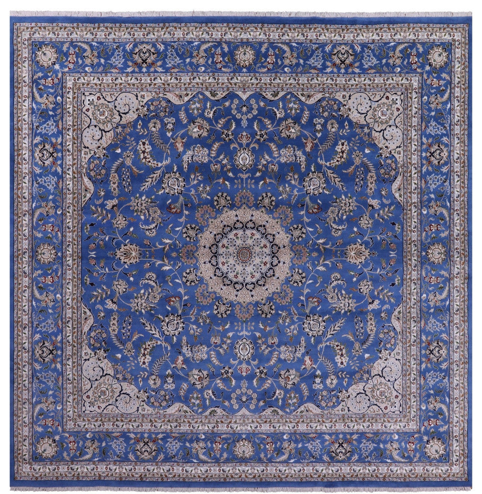 12' Square Wool & Silk Persian Nain Handmade Rug - Q14880