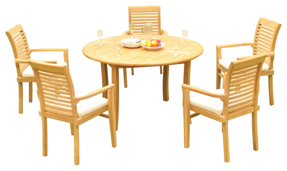 6-Piece Outdoor Teak Dining Set: 52" Round Table, 5 Mas Stacking Arm Chairs