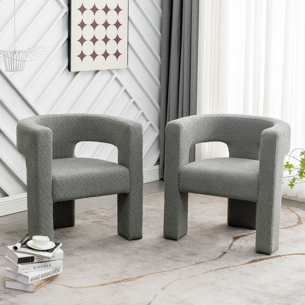 28" Wide Boucle Upholstered Square Armchair, Set of 2, Light Grey