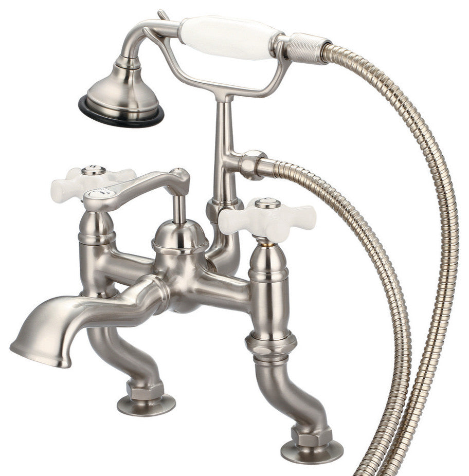 Vintage Classic Deck Mount Tub Faucet With Handshower, Brushed Nickel Finish Wit