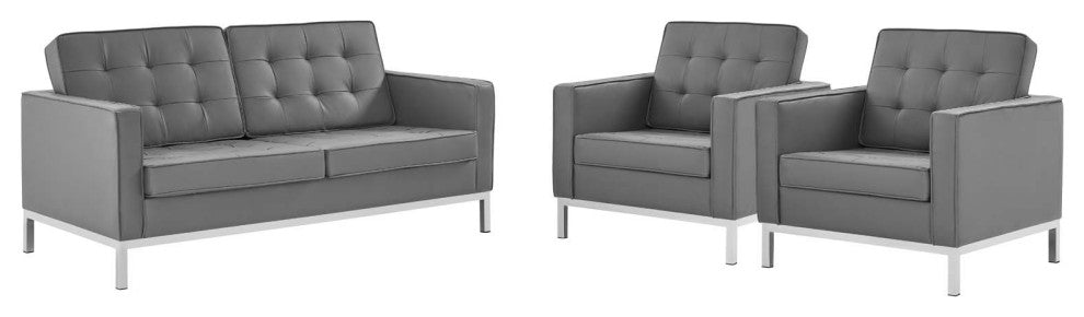 Loft 3 Piece Tufted Upholstered Faux Leather Set Silver Gray