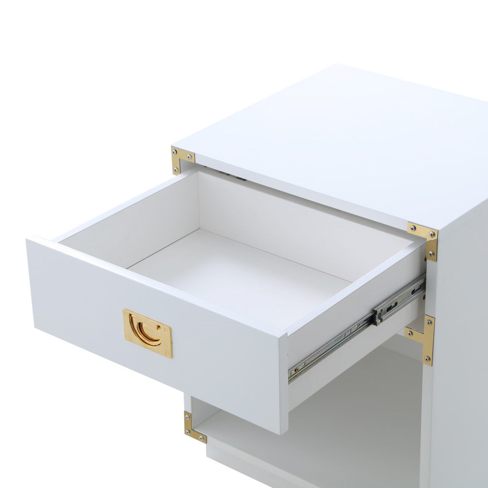 Leandro High Gloss Nightstand With Metal Corner Brackets, White