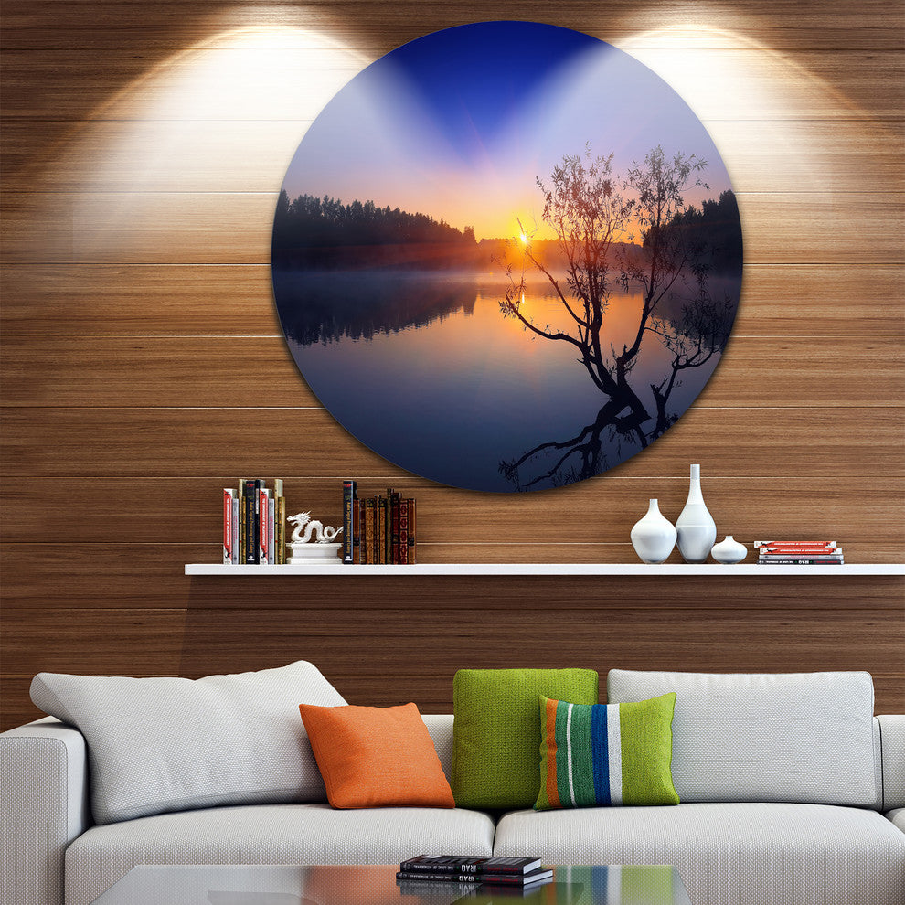 Lonely Tree In Pond In Blue, Disc Metal Wall Art Landscape, 23"