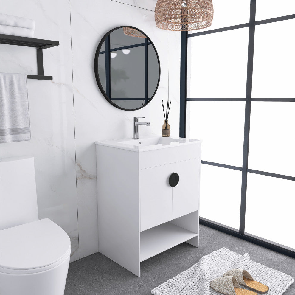 Plywood Freestanding Bath Vanity Set, Integrated Ceramic Sink, White, 24" X 18"