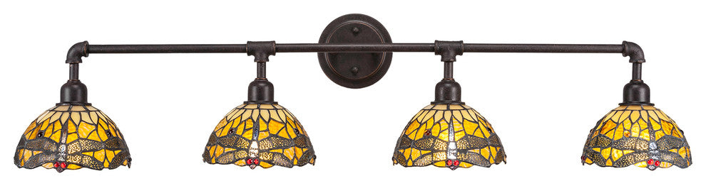 Vintage 4-Light Bath Bar, Dark Granite Finish, 7" Amber Dragonfly Art Glass