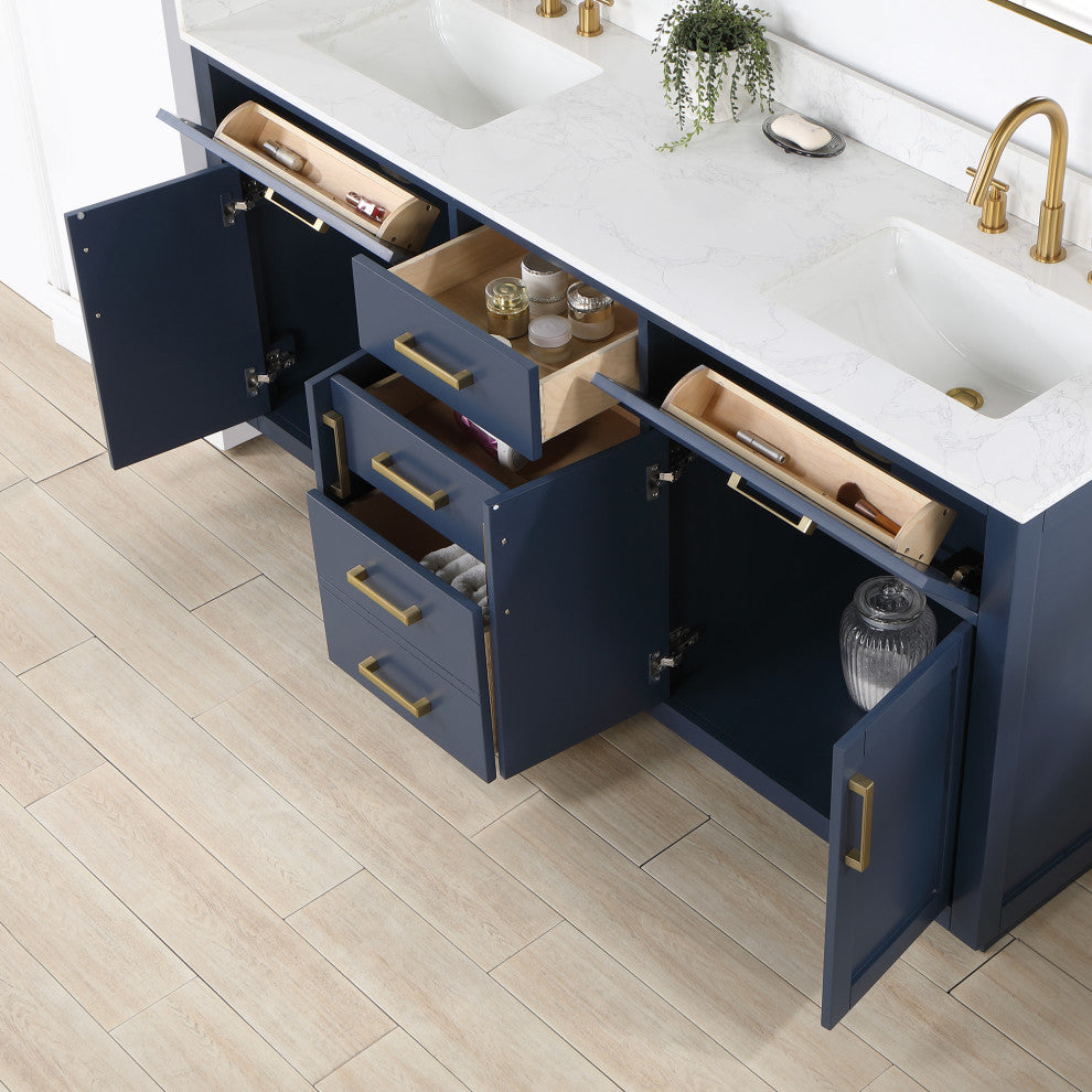 Gavino Vanity With Grain White Composite Stone Top, Royal Blue/Brushed Gold, 72", No Mirror