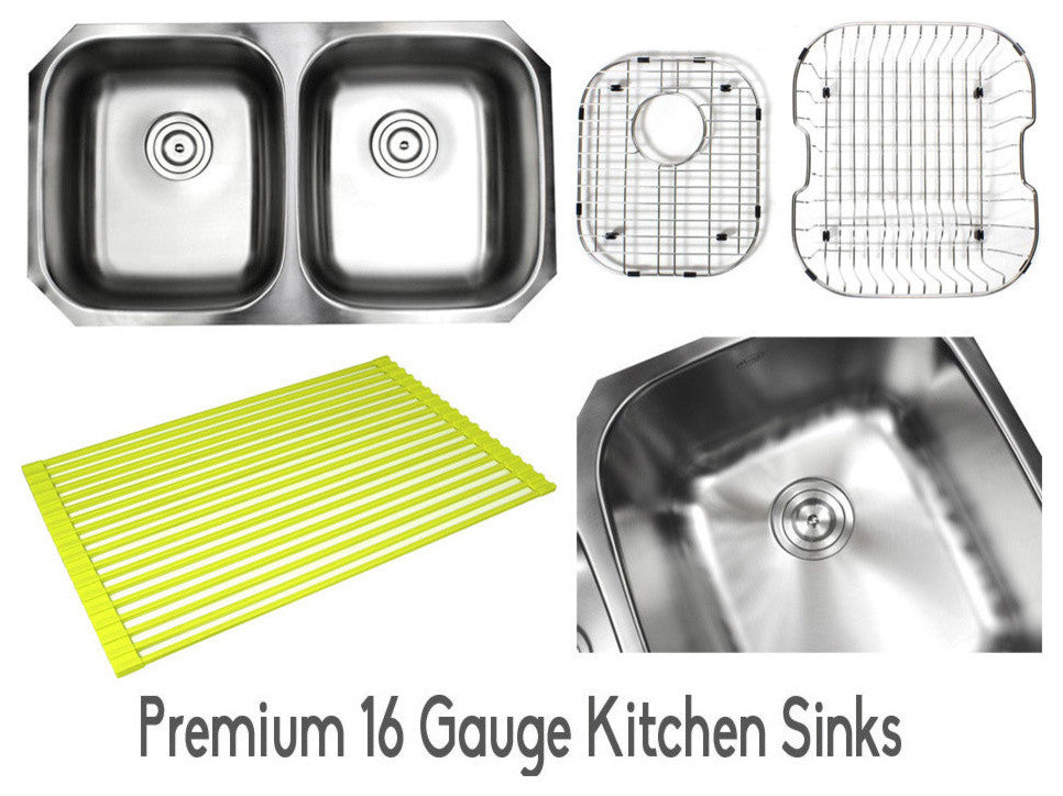 32" Stainless Steel Undermount Double Bowl Kitchen Sink and Accessories