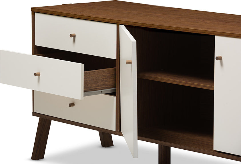 Harlow Mid-Century White and Walnut Wood Sideboard Storage Cabinet