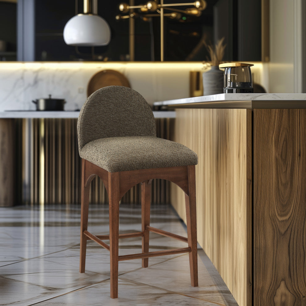 Waldorf Chenille Upholstered Stool, Black, Chenille, Natural Finish, Olive, Boucle Fabric, Walnut Finish