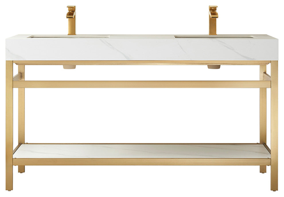 Funes Bath Vanity without Mirror, Brushed Gold Hardware, 60" Double Sink, White Stone Top