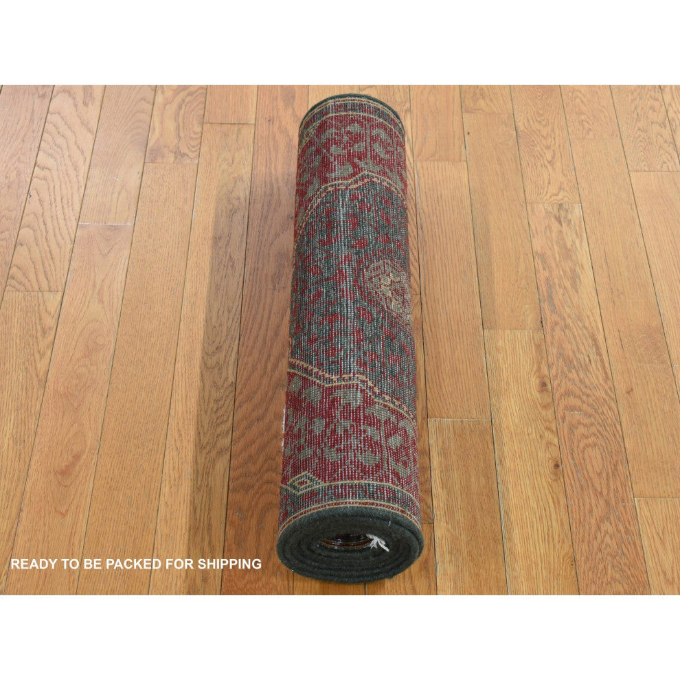 Green, Vintage Look Mamluk, Worn Wool Hand Knotted Runner Rug, 2'6"x9'10"