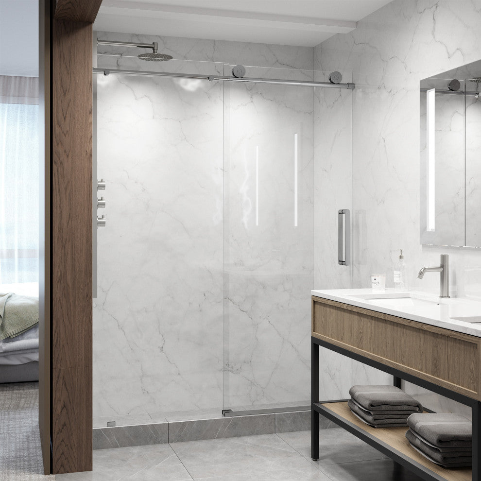 VIGO Elan Frameless Sliding Shower Door, V-Motion, Clear Glass, Chrome, 56" to 60" W X 76" H