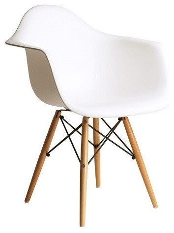 DAW White Mid Century Modern Plastic Dining Armchair, Wood Eiffel Legs