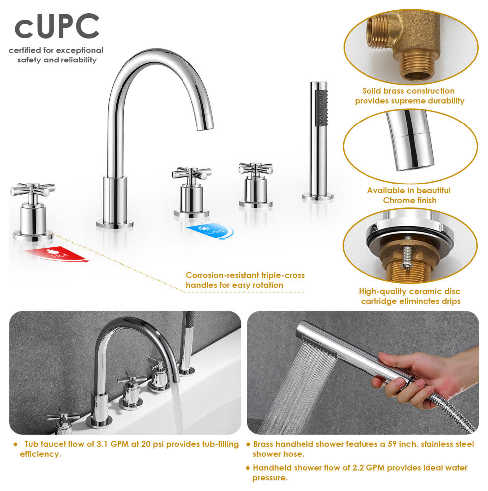 Sorlia Cross Handles Deck-Mount Roman Tub Faucet With Handshower, Polished Chome
