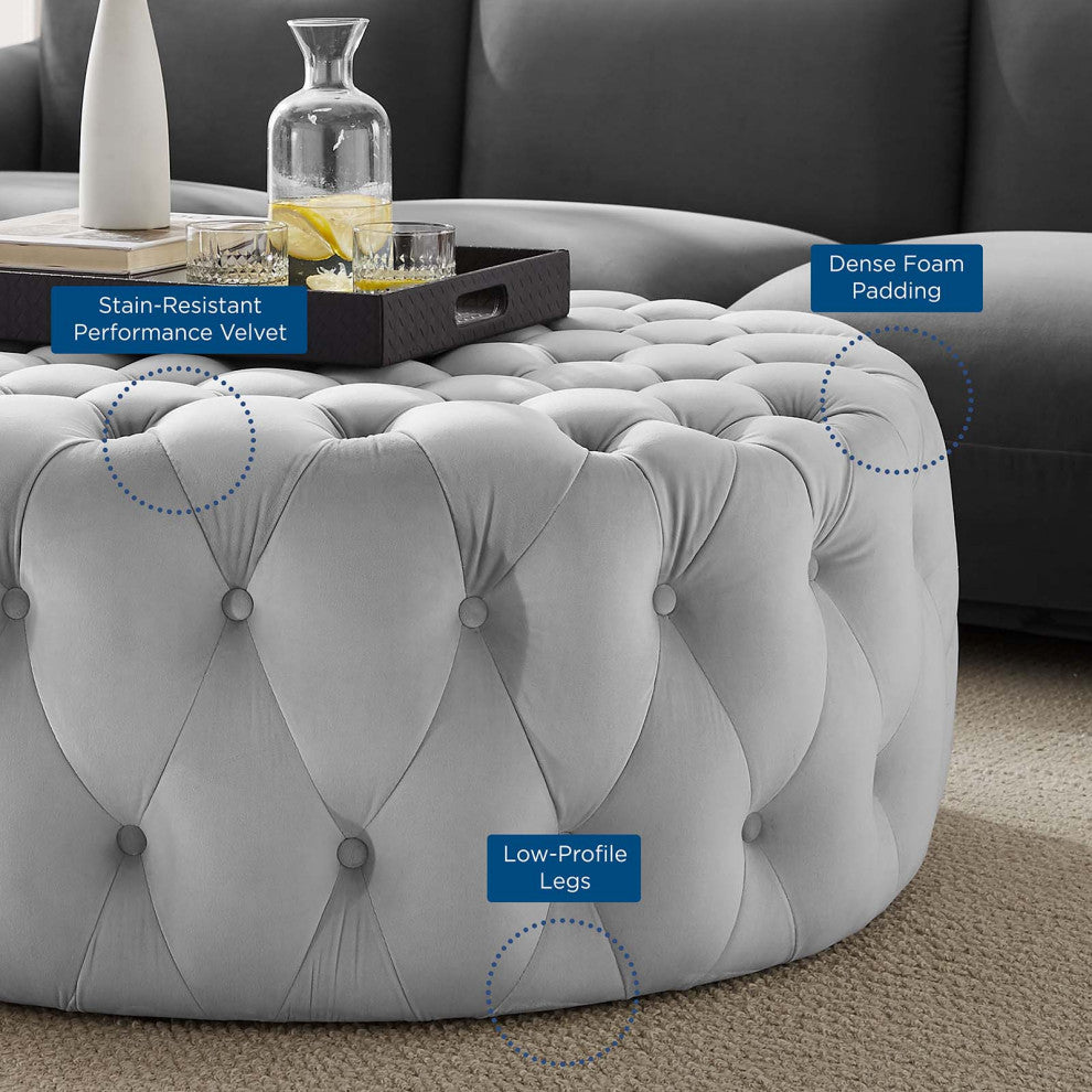 Round Ottoman Accent Tufted Chair, Gray, Velvet, Modern, Cafe Hospitality