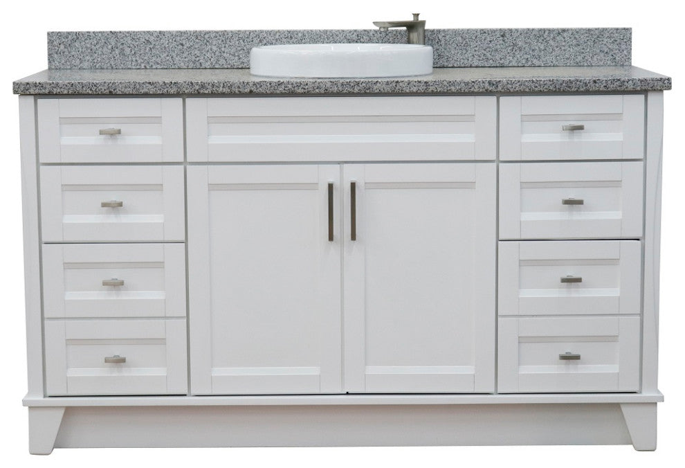 61" Single Sink Vanity, White Finish And Gray Granite And Round Sink