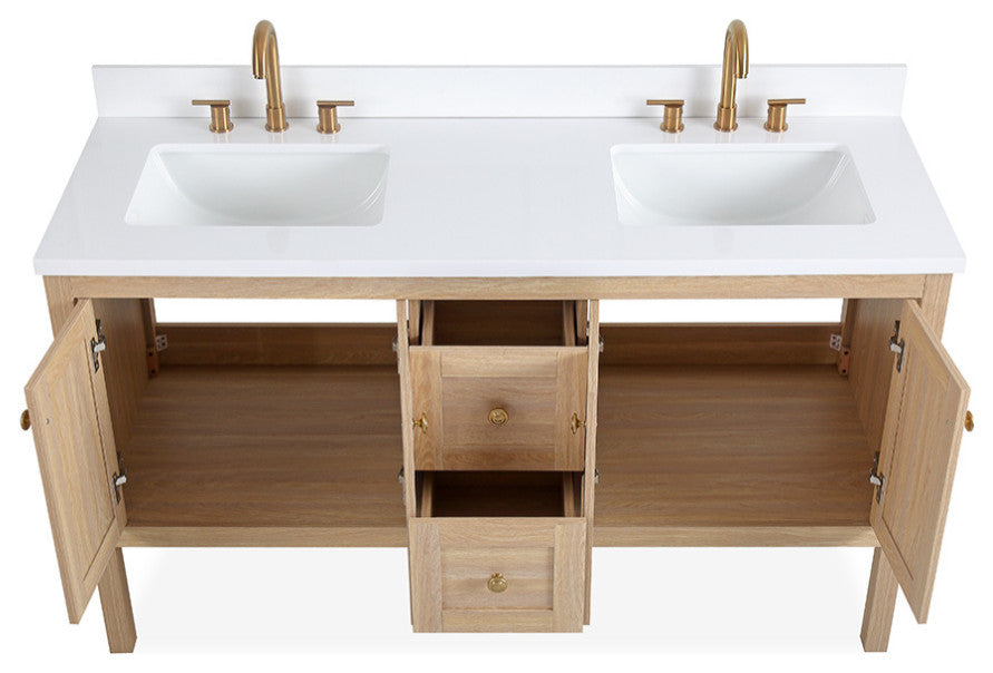 Modern Light Oak Sera Bathroom Vanity With White Quartz Top, 60" Double Sink