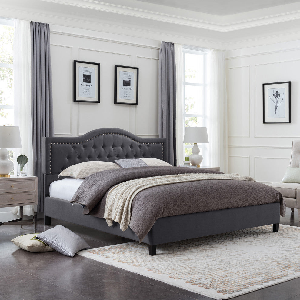 GDF Studio Margaret Fully-Upholstered Traditional King-Sized Bed Frame, Dark Gray/Dark Brown