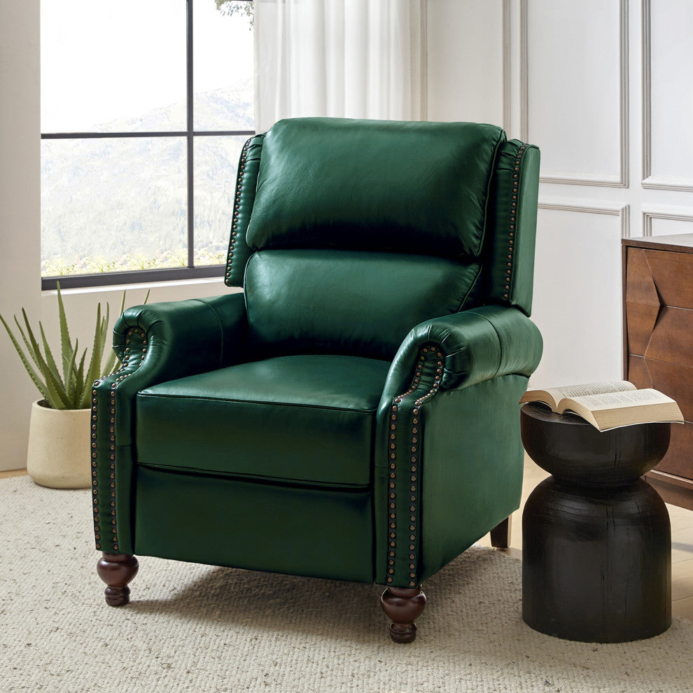 Genuine Leather Cigar Recliner With Nail Head Trim, Green