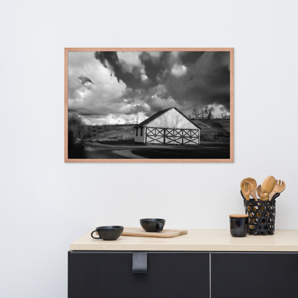 Aging Barn Morning Sun in Black and White Framed Photo Paper Wall Art Prints, Red Oak, 24" X 36"