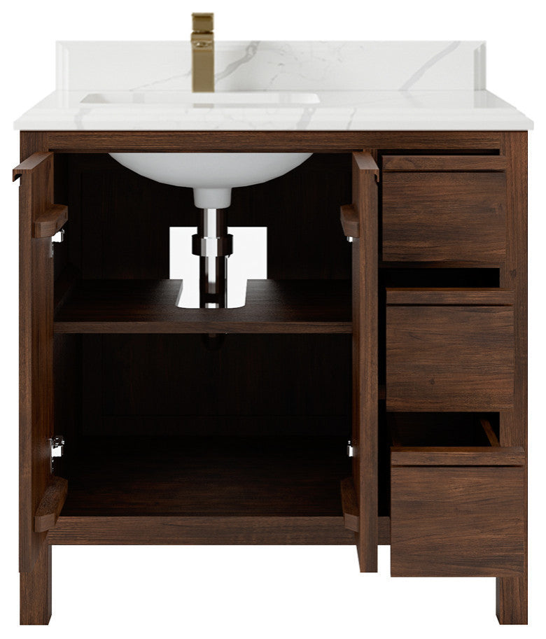 Elizabeth 36 Left Offset Bath Vanity in Dark Walnut Teak 1.5" Calacatta Laza