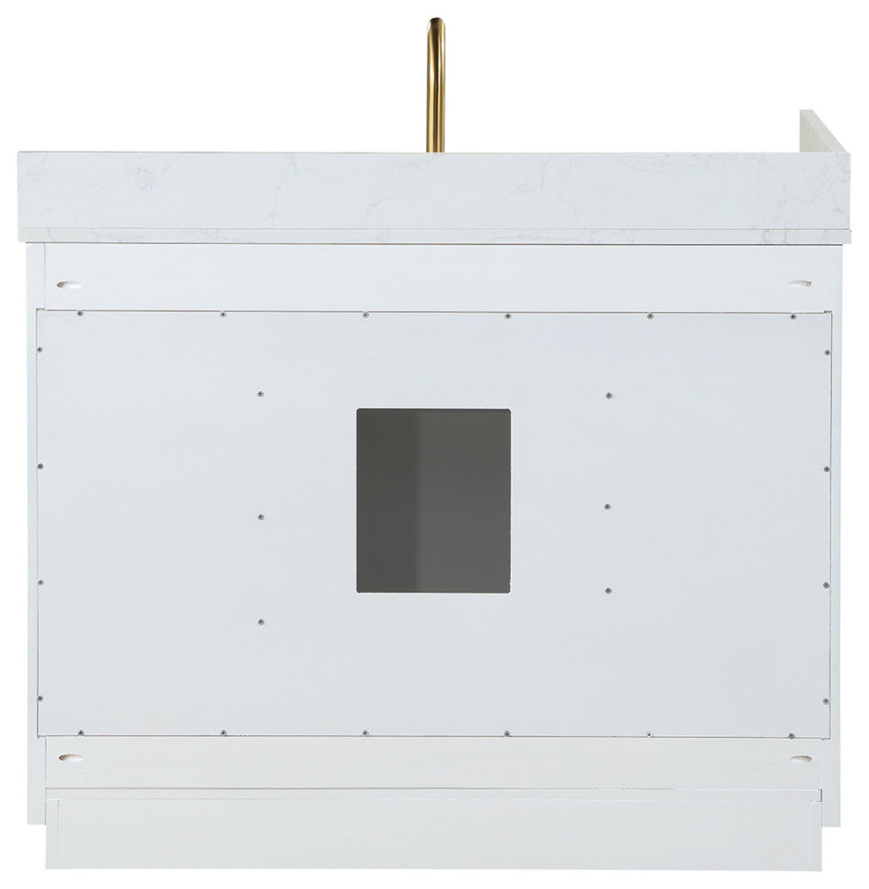 Gavino Vanity With Grain White Composite Stone Top, White/Brushed Gold, 42", No Mirror