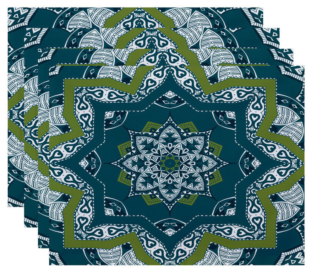 18"x14" Shawl, Geometric Print Placemat, Teal, Set of 4