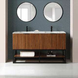 Terra Bathroom Vanity, Walnut/Matte Black With Carrara Marble, 60"