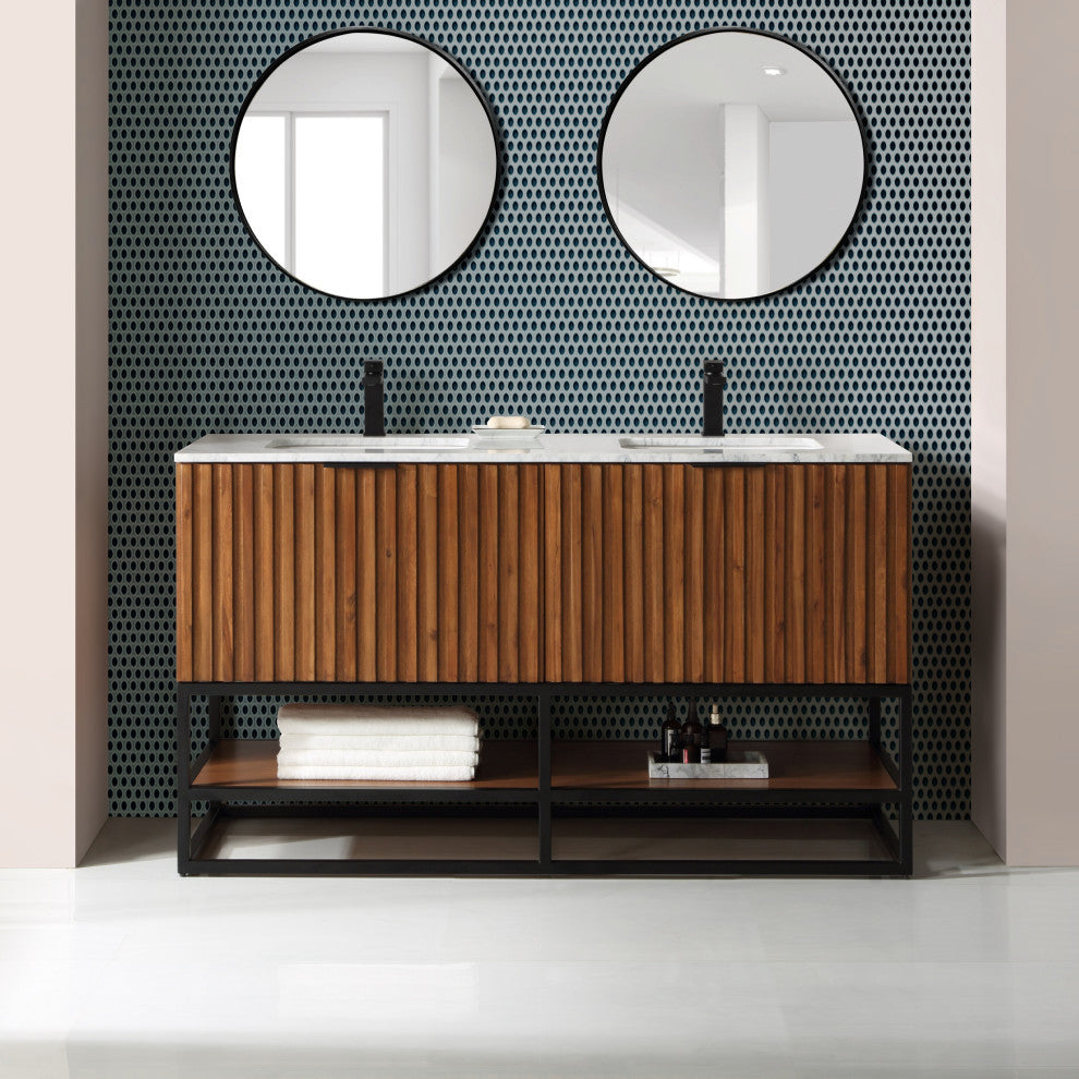 Terra Bathroom Vanity, Walnut/Matte Black With Carrara Marble, 60"