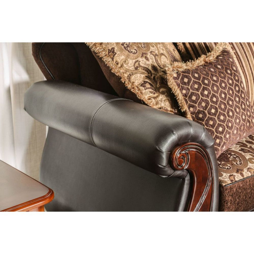 Fabric and Leatherette Chair with Rolled Arms Design, Dark Brown