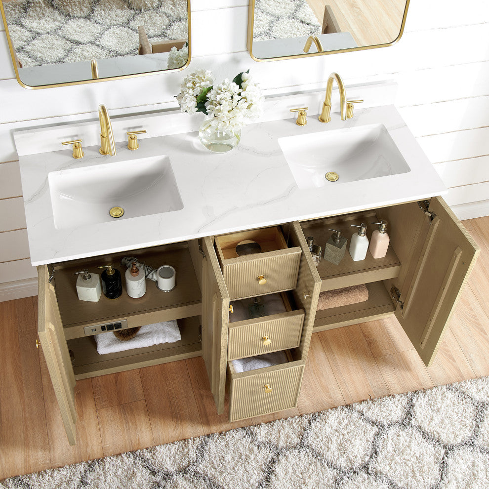 Oza Bath Vanity with Quartz Stone Top, Aged Natural Oak, 60", Double Vanity, No Mirror