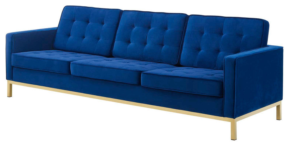 Modern Designer Lounge Sofa, Velvet Fabric Metal Steel, Gold Blue Navy