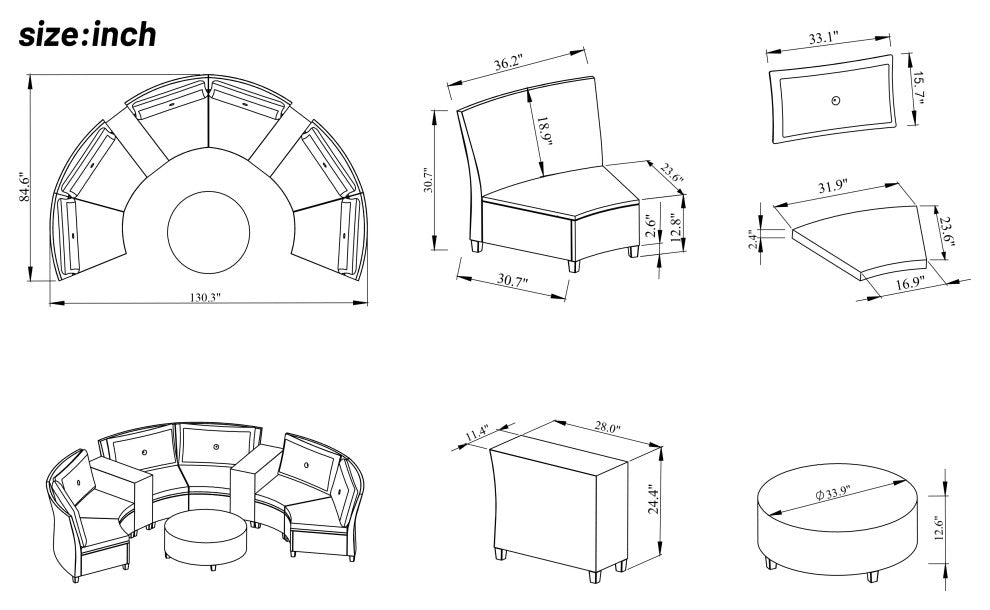 Gewnee U_Style 6 - Person Fan-shaped Rattan Suit Combination