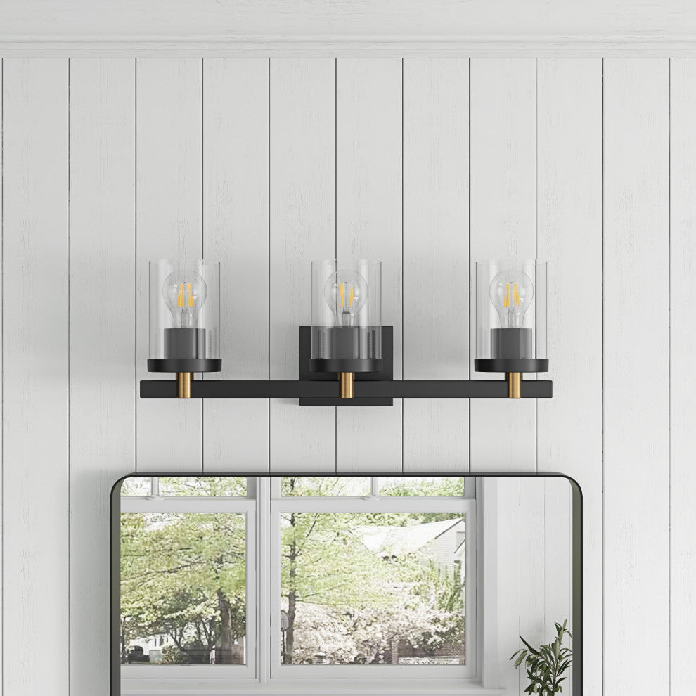Farmhouse 3-Light Vanity Light Over Mirror With Clear Glass Shade, Black