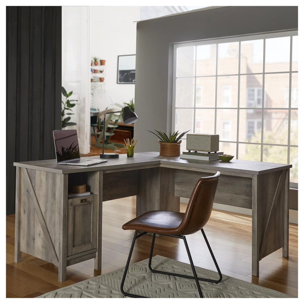 Farmhouse L-Shaped Desk, Storage Cabinet & Large Top With Grommets, Rustic Gray