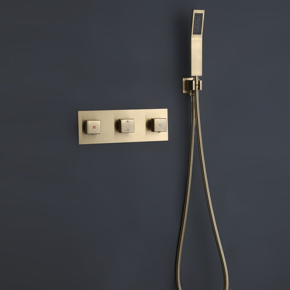 Wall Mounted Rain Shower System with Hand Shower, Brushed Gold